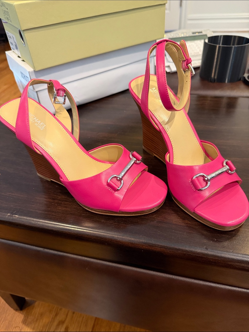 Michael Kors Bright Pink Leather Wedge Sandals with Silver Buckle